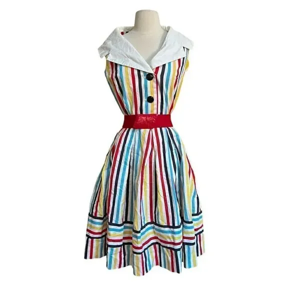 DREAMY Vintage 1950s Handmade One of a Kind Rainbow Shawl Collar Cotton Dress